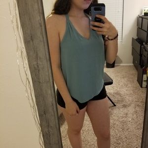 Blue chiffon blouse with exposed back